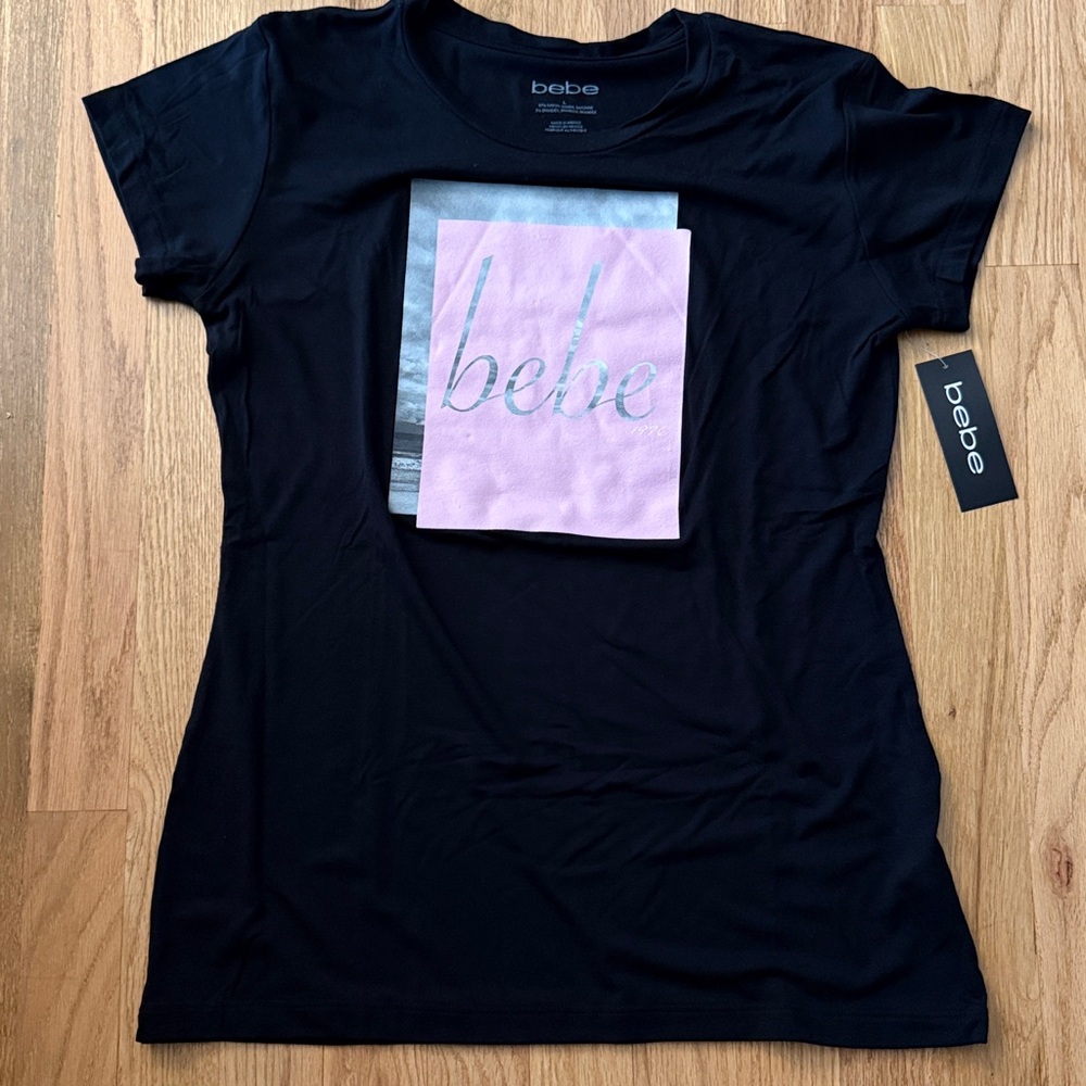 Bebe Black Tee with Pink Logo, Size L, BNWT